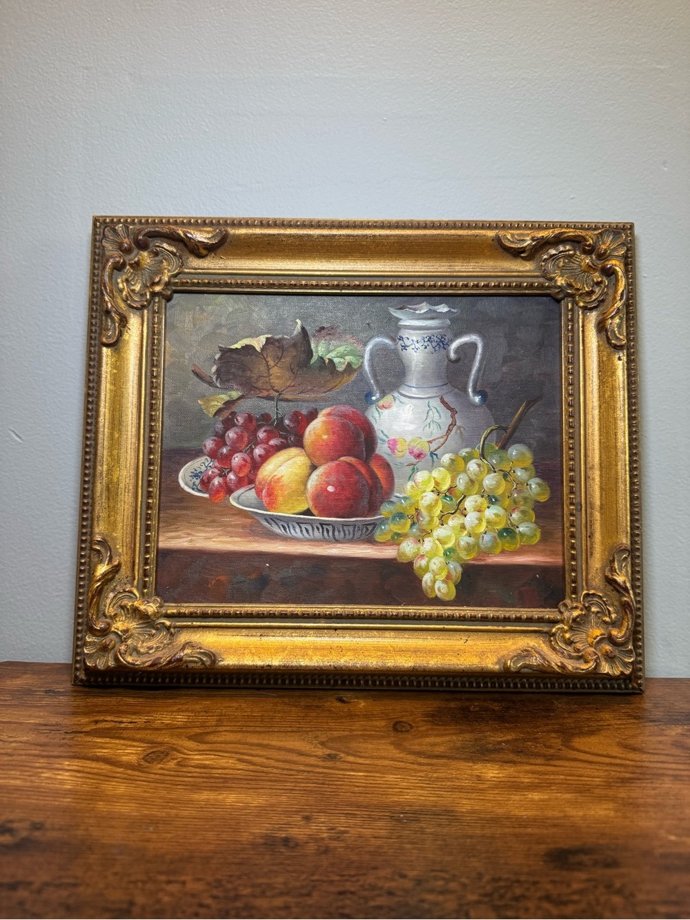 Classic Gold-Framed Still Life Wall Art with Blue Jug and Grapes